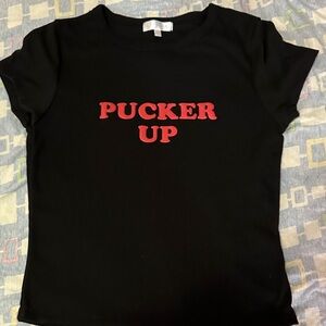Pucker Up Black Tee with Red Lettering